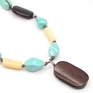 Beaded Mixed Media Pendant Necklace Brown‎ Teal Cream Beads Boho Chic